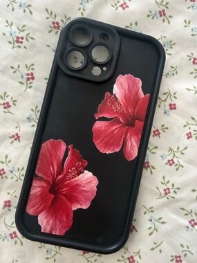 SHEIN Black Silicone Phone Case with Red Floral Hibiscus Print